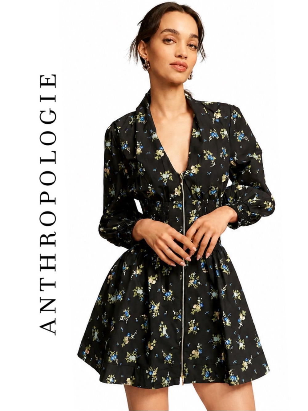 Anthropologie Tommie Long-Sleeve Smocked Front-Zip Mini Shirtdress